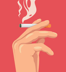 Hand hold cigarette. Smoking kills. Burning cigarette. Vector flat cartoon illustration