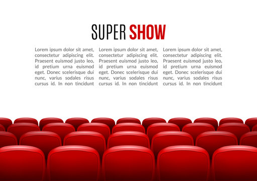 Movie theater with row of red seats. Premiere event template. Super Show design. Presentation concept with place for text