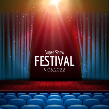 Vector Festive design with lights and wooden scene and seats. Poster for concert, party, theater, dance template. Wooden Stage with Curtains. Poster Template with Lights.