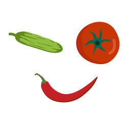 Fresh vegetables smile face on white background. Tomato, pepper and cucumber