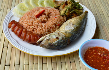 spicy fried rice with shrimp paste sauce and mackerel on plate