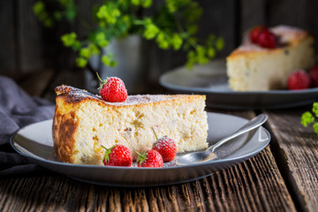 Homemade cheesecake with fruits and sugar
