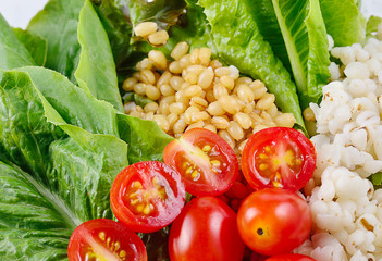 millet grains ,barley,lettuce leaves on a background.