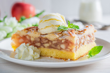 Homemade apple pie and ice cream made of fresh apples