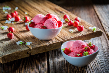 Sweet strawberries ice cream made of fresh fruits