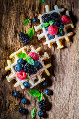 Homemade berry fruits with waffels in waffels