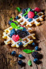 Homemade berry fruits with waffels on wooden bark