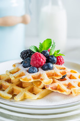 Homemade berries with waffels and mint leaves