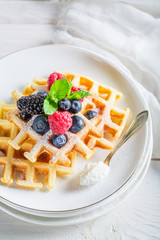 Fresh waffels with berry fruits and mint leaves
