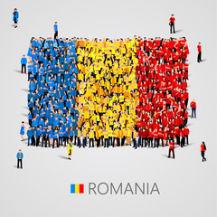Large group of people in the Romania flag shape.