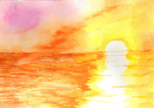 Sunset at the ocean in watercolor