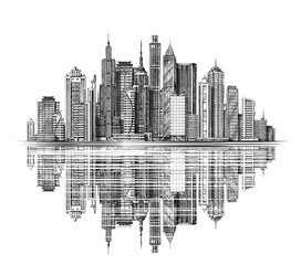 Modern City Skyline silhouette vector. Architecture and Buildings. Hand drawn sketch urban landscape