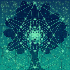 Tree with sacred geometry symbols and elements. Sacred mesh background. Alchemy, religion, philosophy, astrology and spirituality themes. Geometric religion sign.