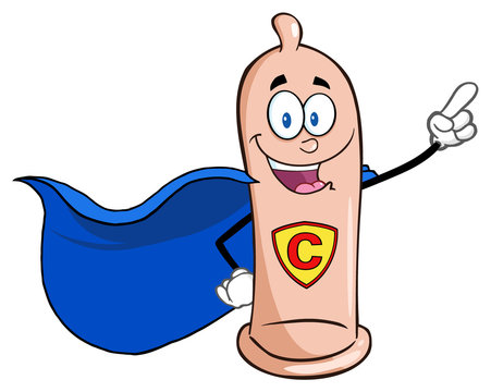 Super Hero Condom Cartoon Mascot Character Pointing