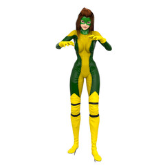 one girl in green and yellow super suit. Stands up in a threatening pose