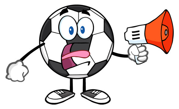 Soccer Ball Cartoon Mascot Character Using A Megaphone