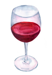 Glass of red wine, hand painted on white background