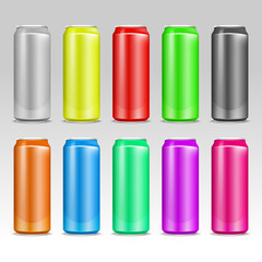 Aluminum realistic colored vector drink cans. Aluminum color container for water or beer, colored aluminum cans beverage illustration