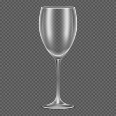 Transparent vector realistic empty wine glass. for alcohol drink, transparent glass cocktail and restaurant goblet glass clear illustration