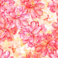 Seamless background pattern with blooming pink watercolor roses