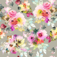 Seamless pattern with flowers watercolor. Gentle colors. Handmade.