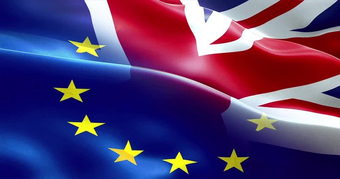brexit half european flag and united kingdom of great britain england flag waving, crisis of eurozone brexit, vote referendum for uk exit concept