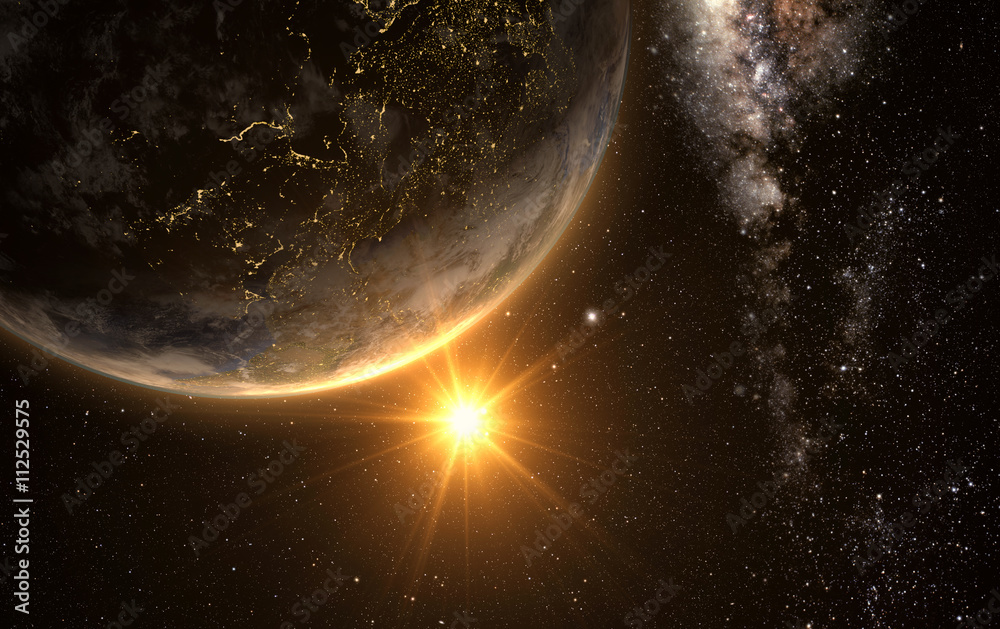 Canvas Prints sunrise view of earth from space with milky way galaxy, 3d rendering