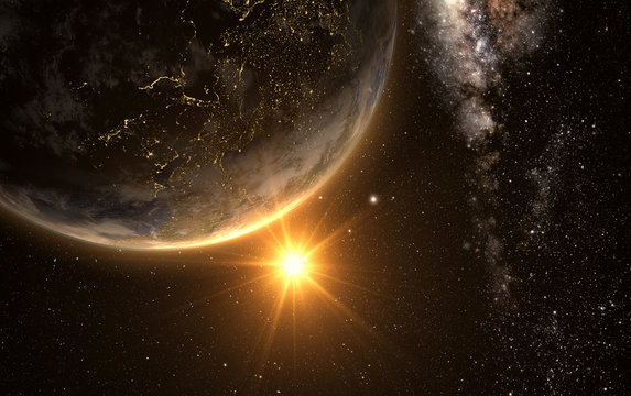 sunrise view of earth from space with milky way galaxy, 3d rendering