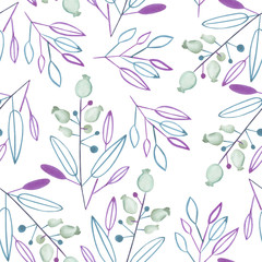 Seamless pattern with the abstract watercolor blue and purple leaves and branches and berries on a white background,  hand drawn in a pastel