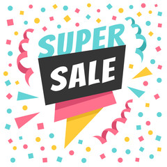 Super sale holiday paper badge with colorful confetti and particles. Trendy concept. Flat design vector illustration