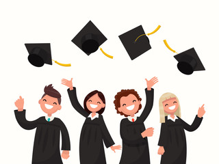 Group of university graduates in black gowns throw up caps. 