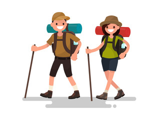 Hiking tourists walk. A young family couple. Vector illustration