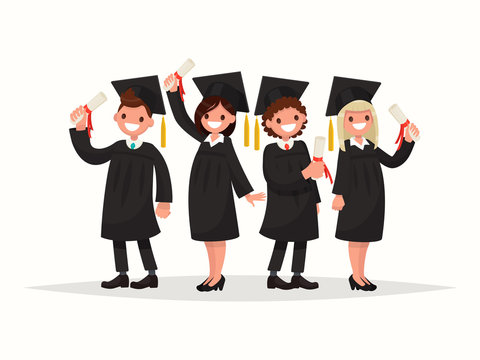 Group of university graduates in black gowns. Vector illustration