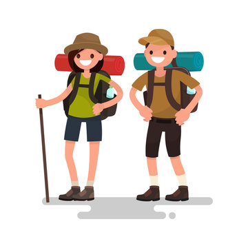 Hiking tourists. Young family couple. Vector illustration