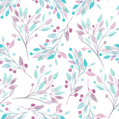 Fototapeta premium Seamless pattern with the watercolor pink, mint and purple leaves and branches on a white background, wedding decoration, hand drawn in a pastel