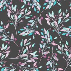 Seamless pattern with the watercolor pink, mint and purple leaves and branches on a dark background, wedding decoration, hand drawn in a pastel