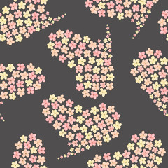Seamless pattern of the hearts from tender pink spring flowers, hand drawn in a watercolor on a dark background