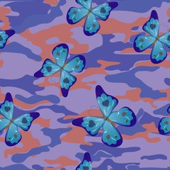 Fototapeta na wymiar Butterfly on the blue military background pattern seamless