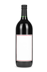 Red wine bottle, with paper blank label isolated on white backgr