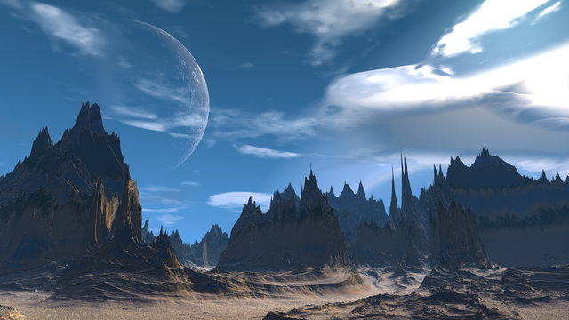 Fantasy alien planet. Rocks and sky. 3D illustration