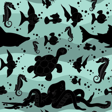 Vector illustration of sea waves with sea life