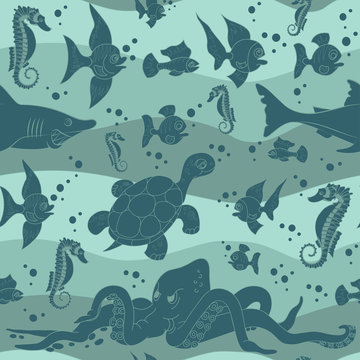 Vector illustration of sea waves with sea life