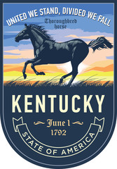 Кентукки стилизованная эмблема штата Америки, Чистокровная верховая на рассвете на синем фоне