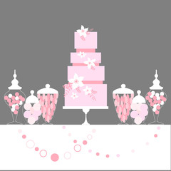 Wedding dessert bar with cake. Birthday sweet table. Candy Buffet. Pink colors. Vector illustration.
