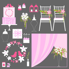 Vector set of decorative wedding elements. Chairs, cake, lanterns, birds, flowers. Vector illustration.