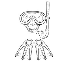 Black and White of Swimming Goggles and Flipper