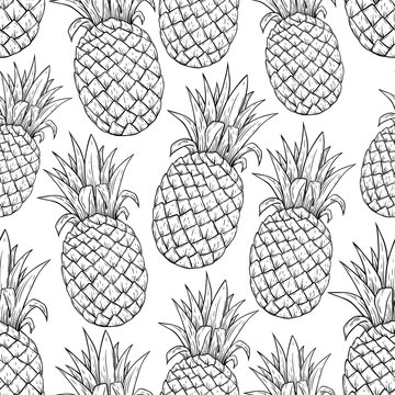 Black and White Seamless Pattern of Pineapple Illustration With Line Art Style