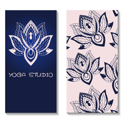 Cards template for yoga studio with lotuses. Yoga vertical vecto