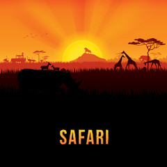 Vector illustration of Africa landscape with wildlife and sunset background. Safari theme - obrazy, fototapety, plakaty