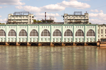 Fototapeta na wymiar HYDROELECTRIC POWER station on river, Russia